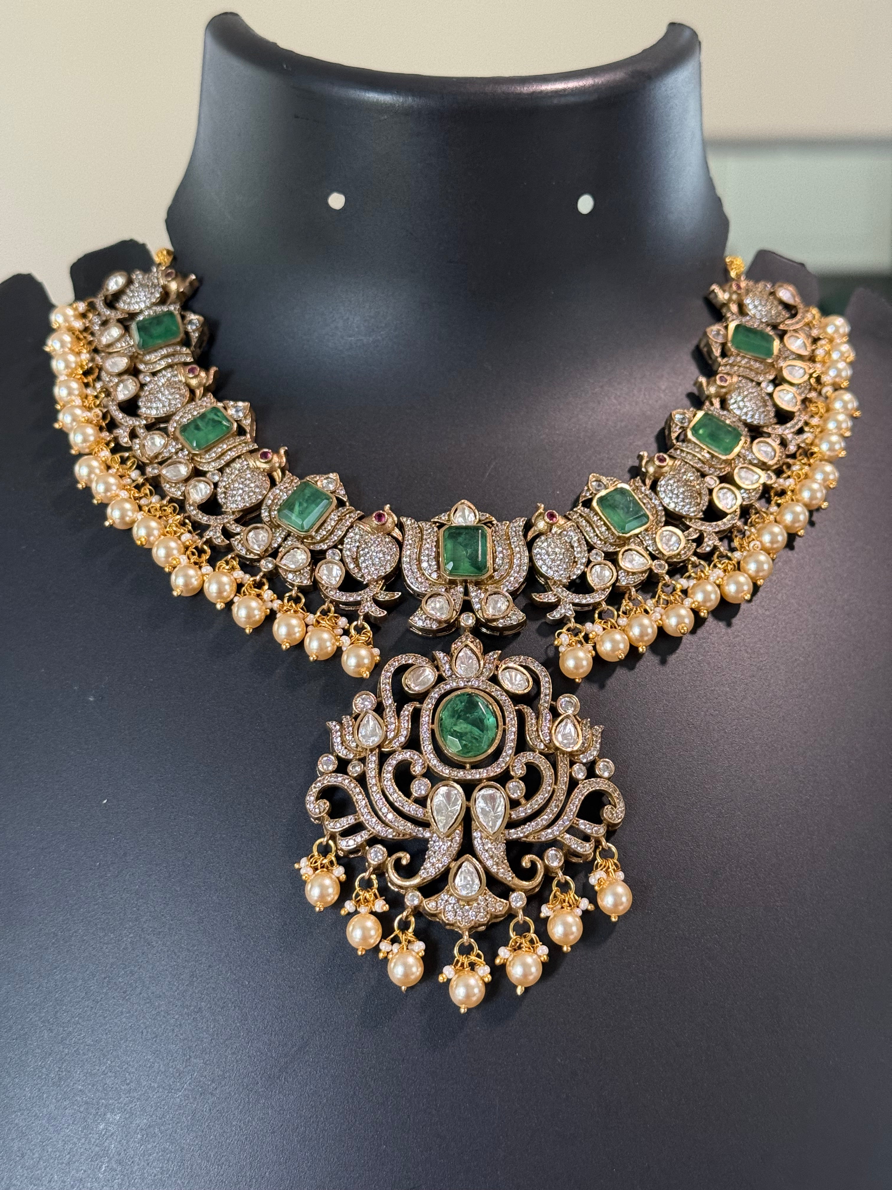 Heavy Victorian Finish Kundan Necklace set with Mint Green Stones