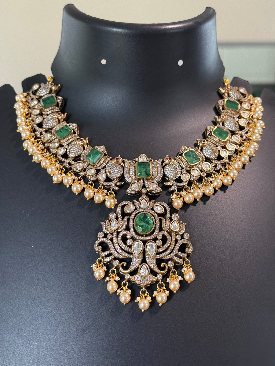 Heavy Victorian Finish Kundan Necklace set with Mint Green Stones