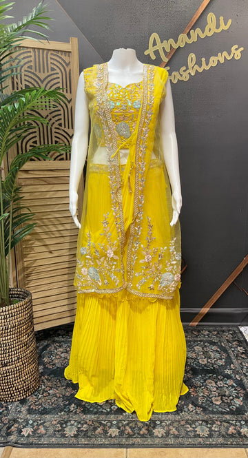 Yellow Party Wear Ready to Wear Saree - Georgette with Overcoat