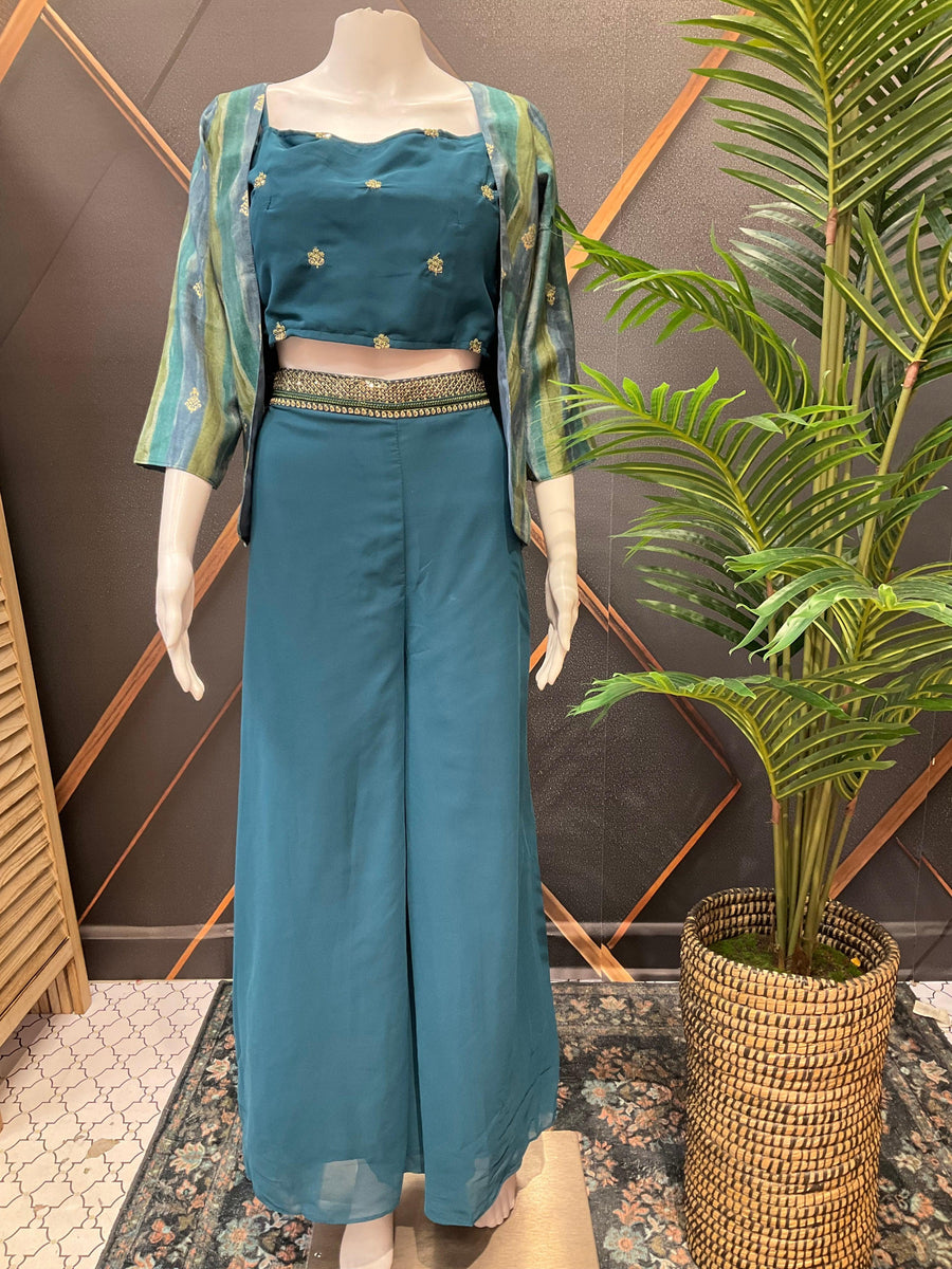 Party Wear Stylish Palazzo Set with Vest - Georgette 3-Piece