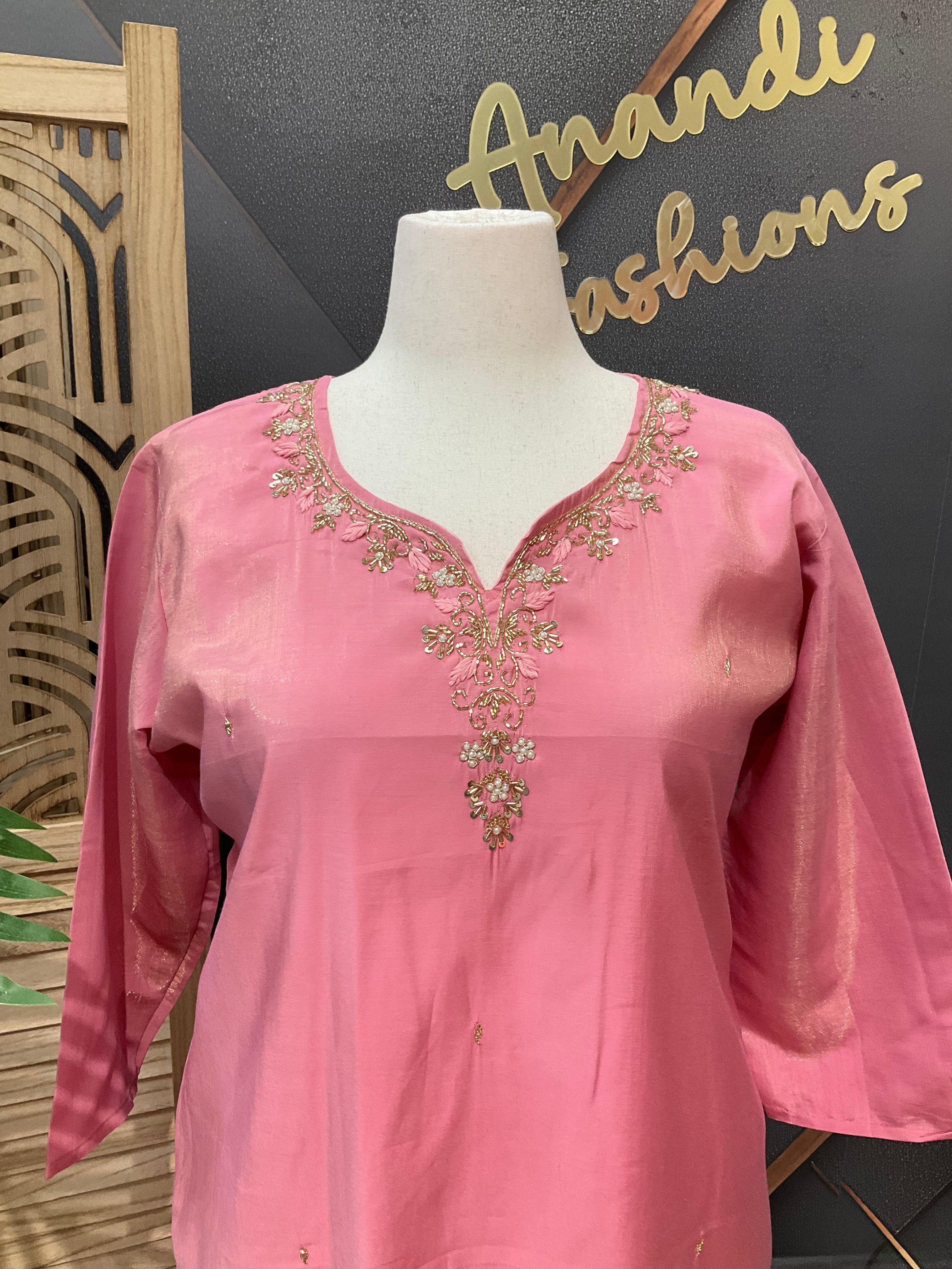 Plus Size - Baby Pink Shimmery Tissue Kurti set