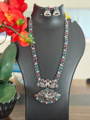 German Silver Long Haram Necklace Set with Multicolor Stones