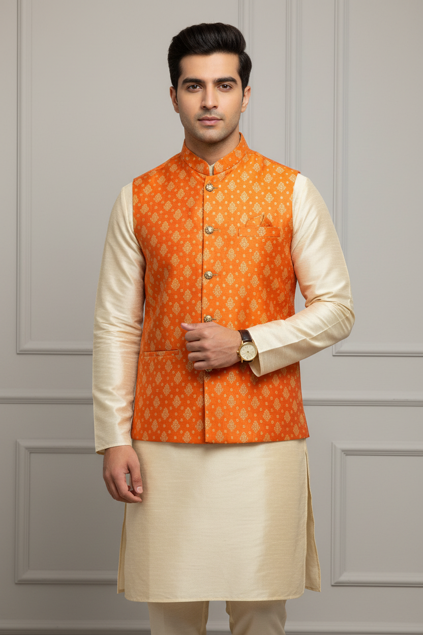 Men’s Orange Benarasi Silk Vest