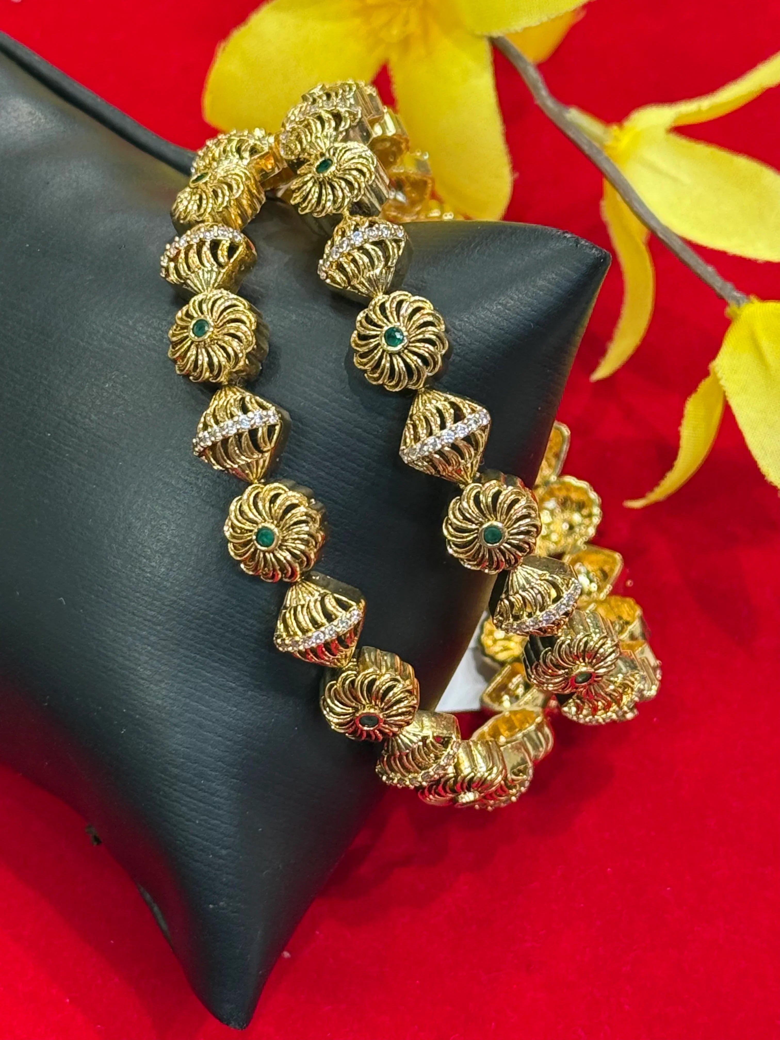 Antique Bangle Set with Floral Design - Pair of 2 Traditional Bangles