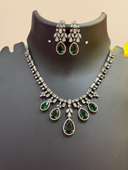 Black Metal Party Wear CZ Necklace set with Emeralds