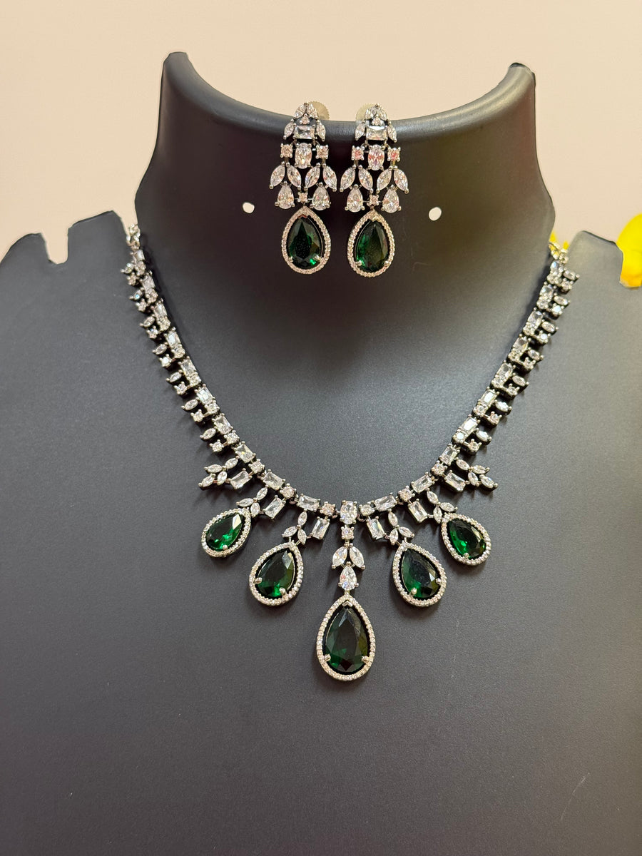 Black Metal Party Wear CZ Necklace set with Emeralds