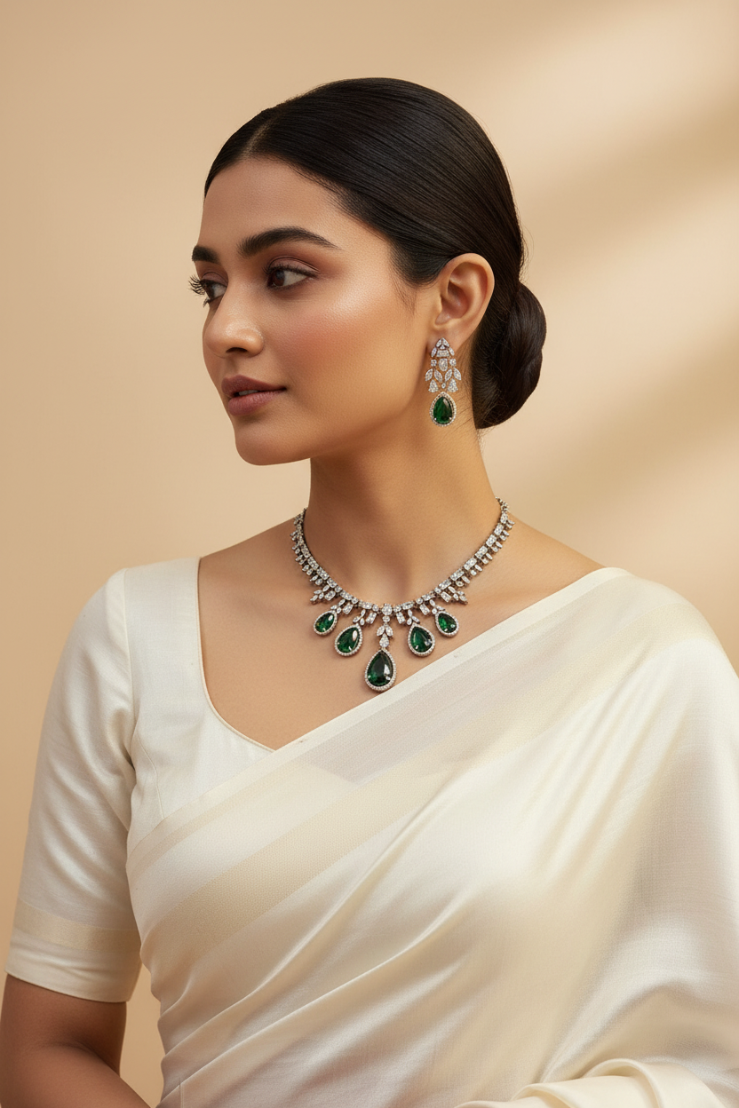 Black Metal Party Wear CZ Necklace set with Emeralds