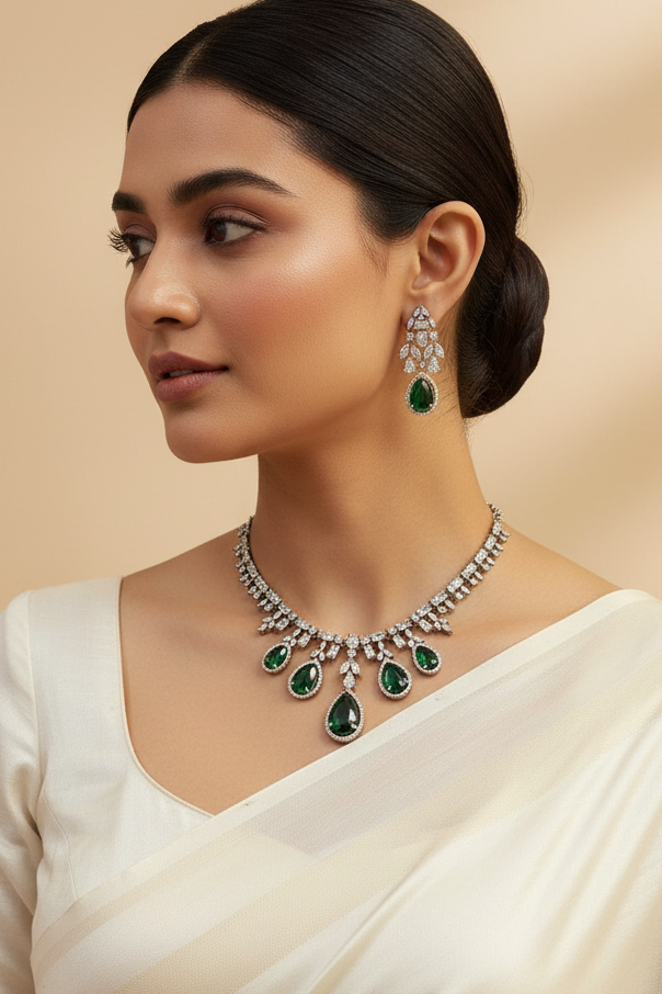 Black Metal Party Wear CZ Necklace set with Emeralds
