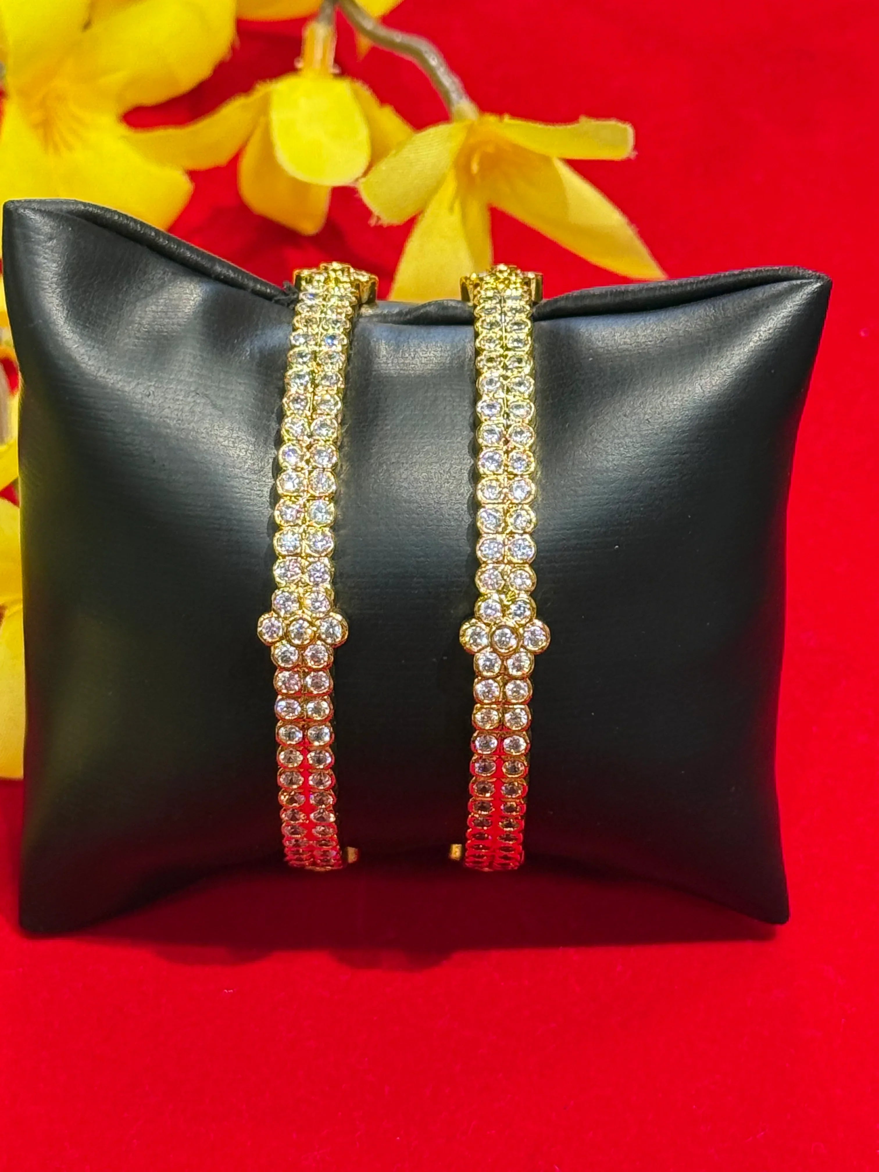 Gold Finish AD Bangles Set - Pair of 2 White Stone Bangles