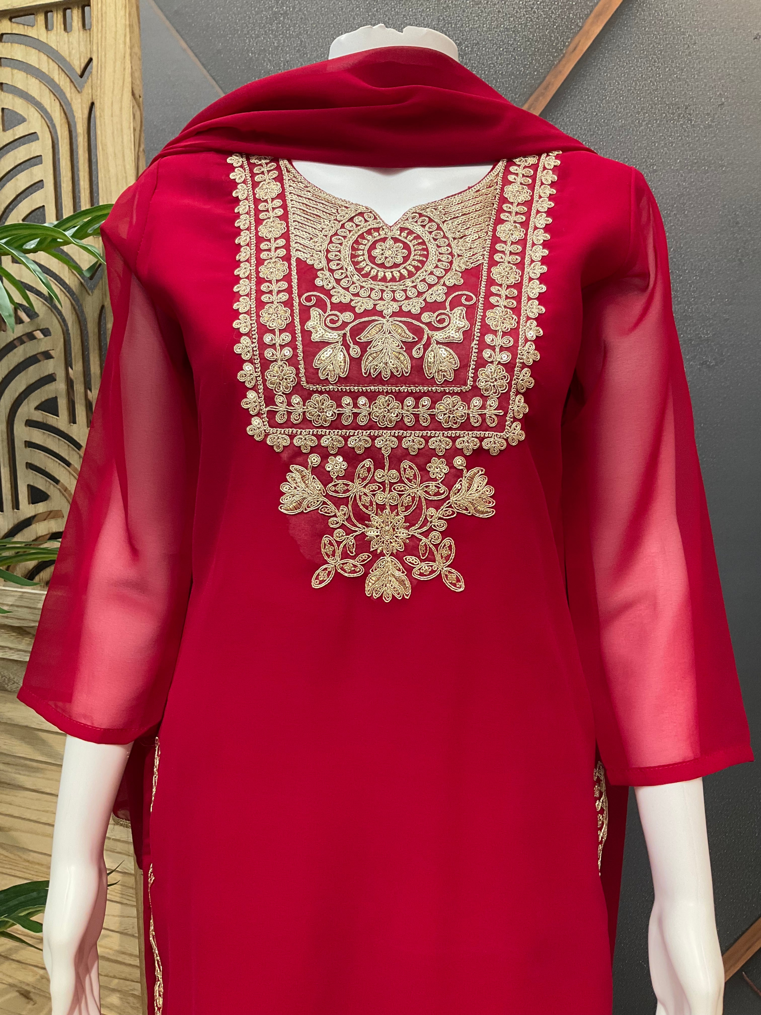 Party Wear Georgette Kurti set- Embroidery Work Pants