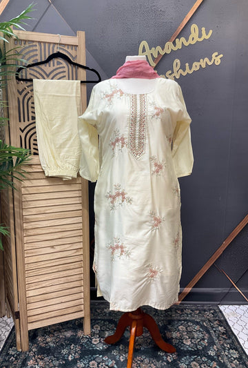 Plus Size Half White Embroidery Kurti Set - Roman Silk
