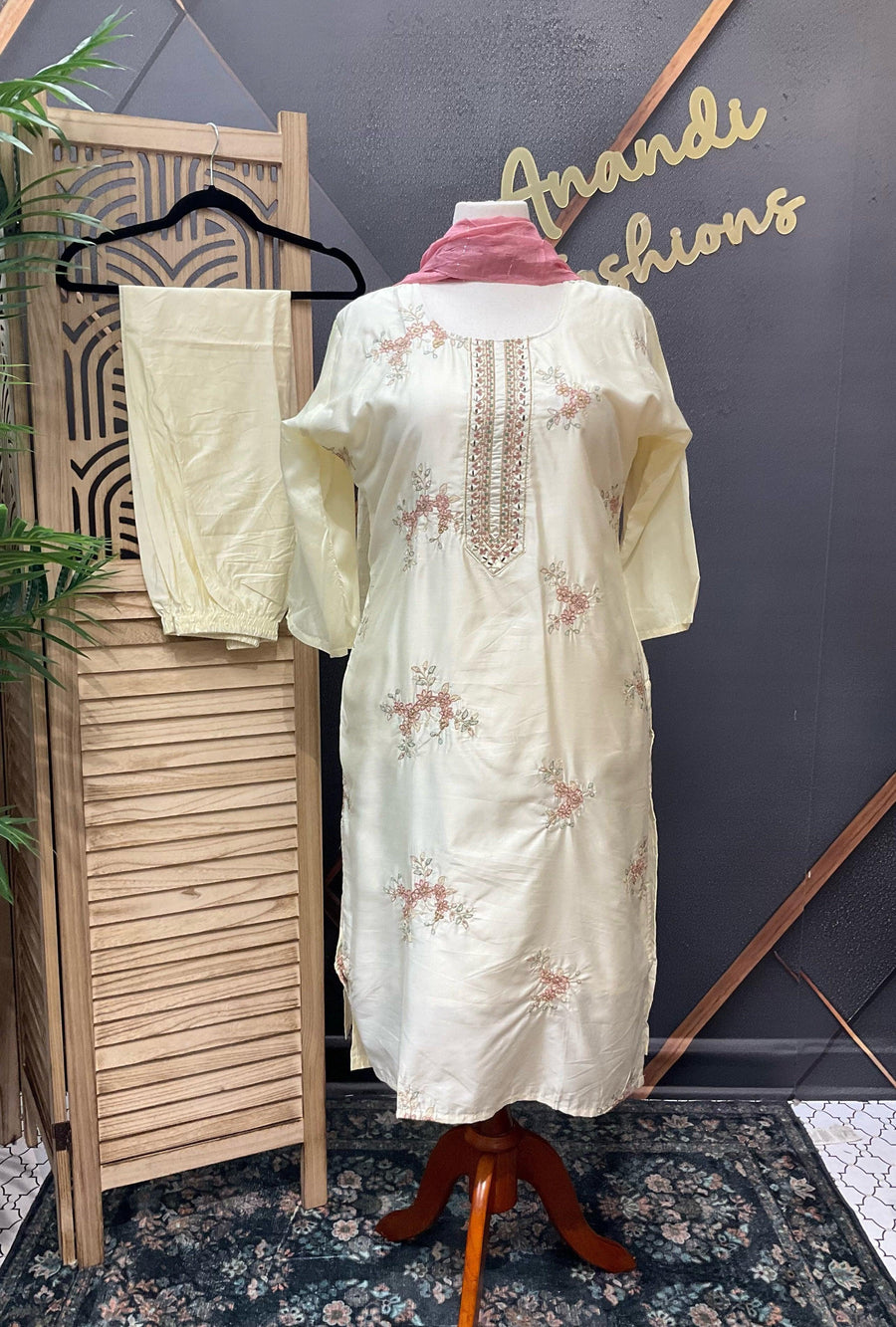 Plus Size Half White Embroidery Kurti Set - Roman Silk