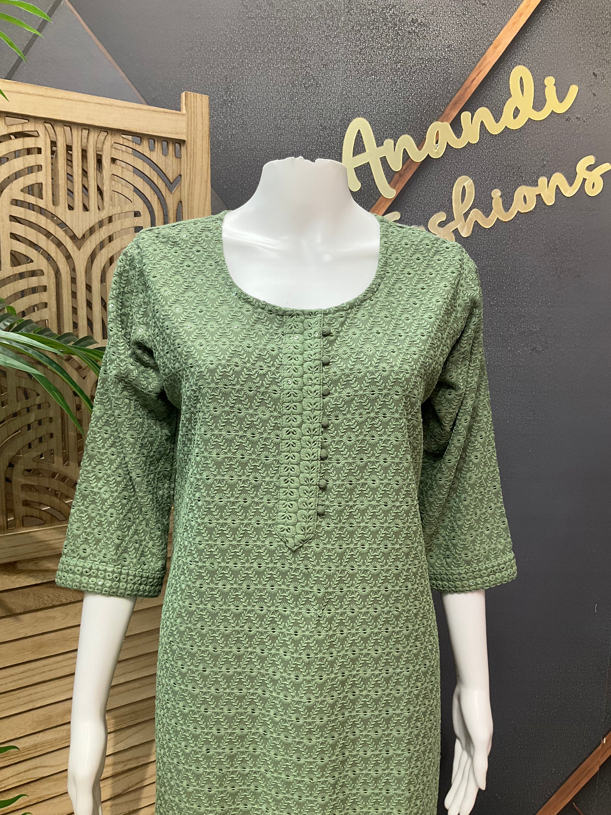 Size 42-Green Chikankari Rayon Kurti