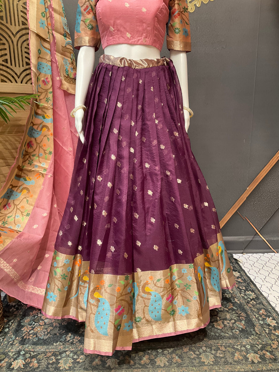 Wine & Baby Pink Silk Kota Half Saree set