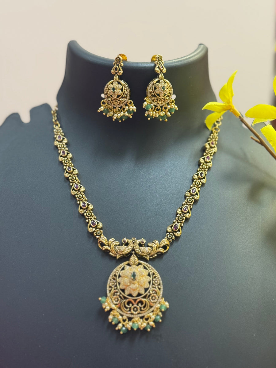 Antique Finish CZ Necklace set with Pendant
