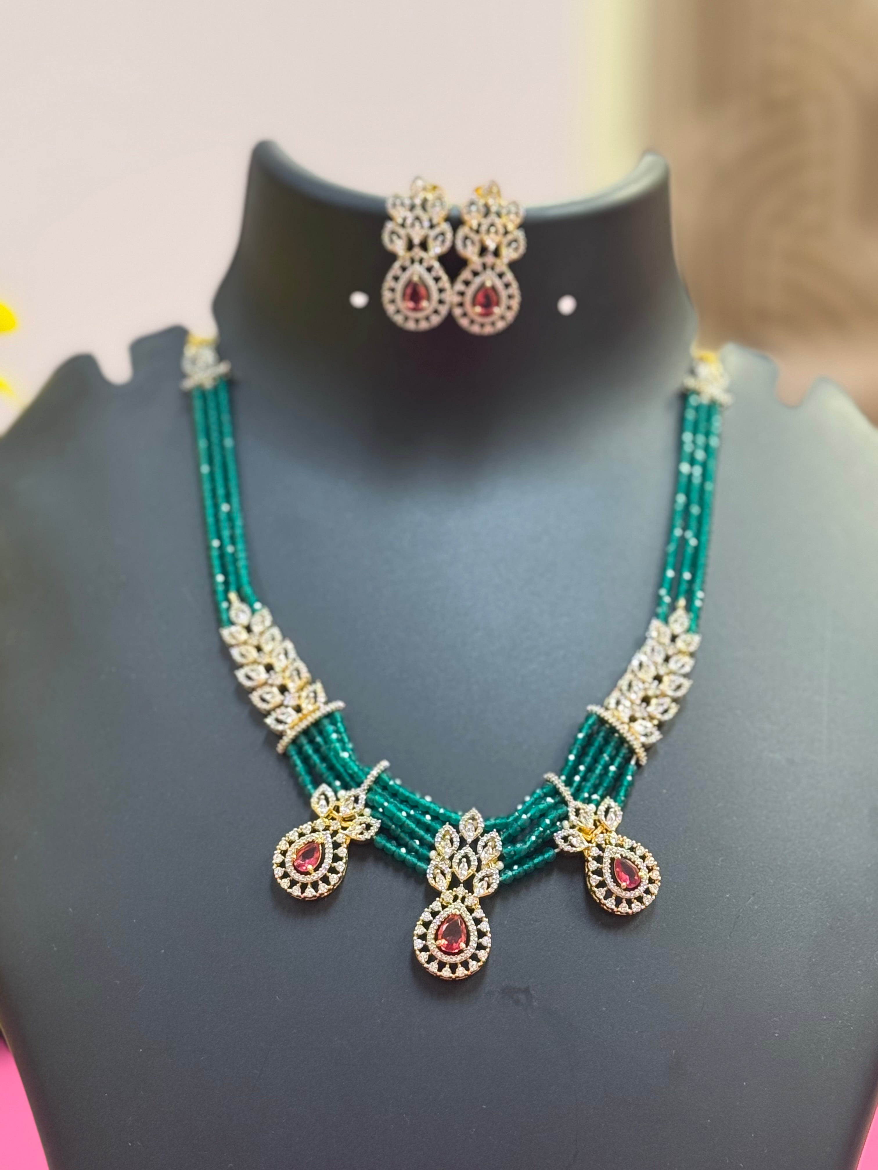 Green - Onyx Beads Party Wear Necklace set with CZ Stones