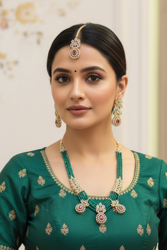 Green - Onyx Beads Party Wear Necklace set with CZ Stones