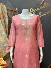 Pink cotton Chanderi silk kurti set
