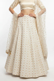 Woman wearing elegant beige Indian lehenga with gold and pink patterns and matching sheer embroidered dupatta