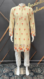 Beige Color Embroidery Work Mens kurta set with Digital Print
