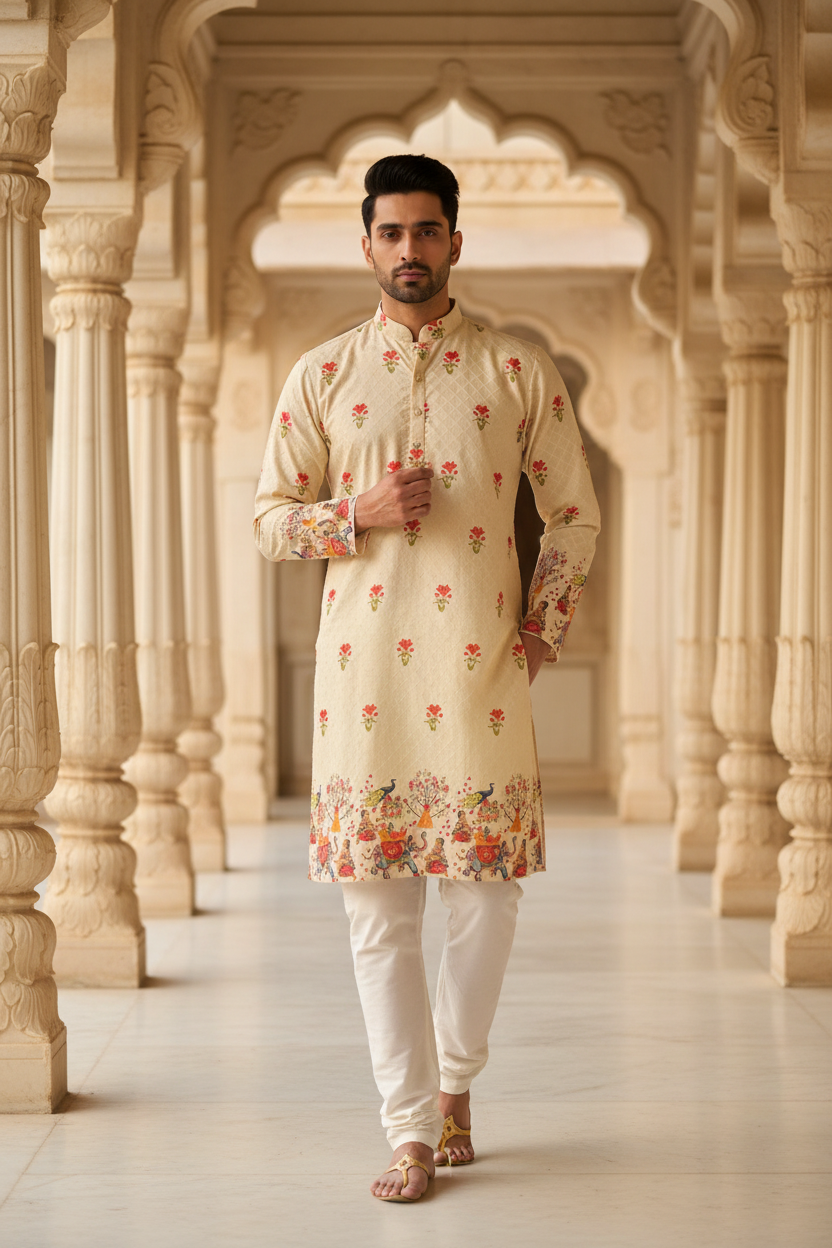 Beige Color Embroidery Work Mens kurta set with Digital Print