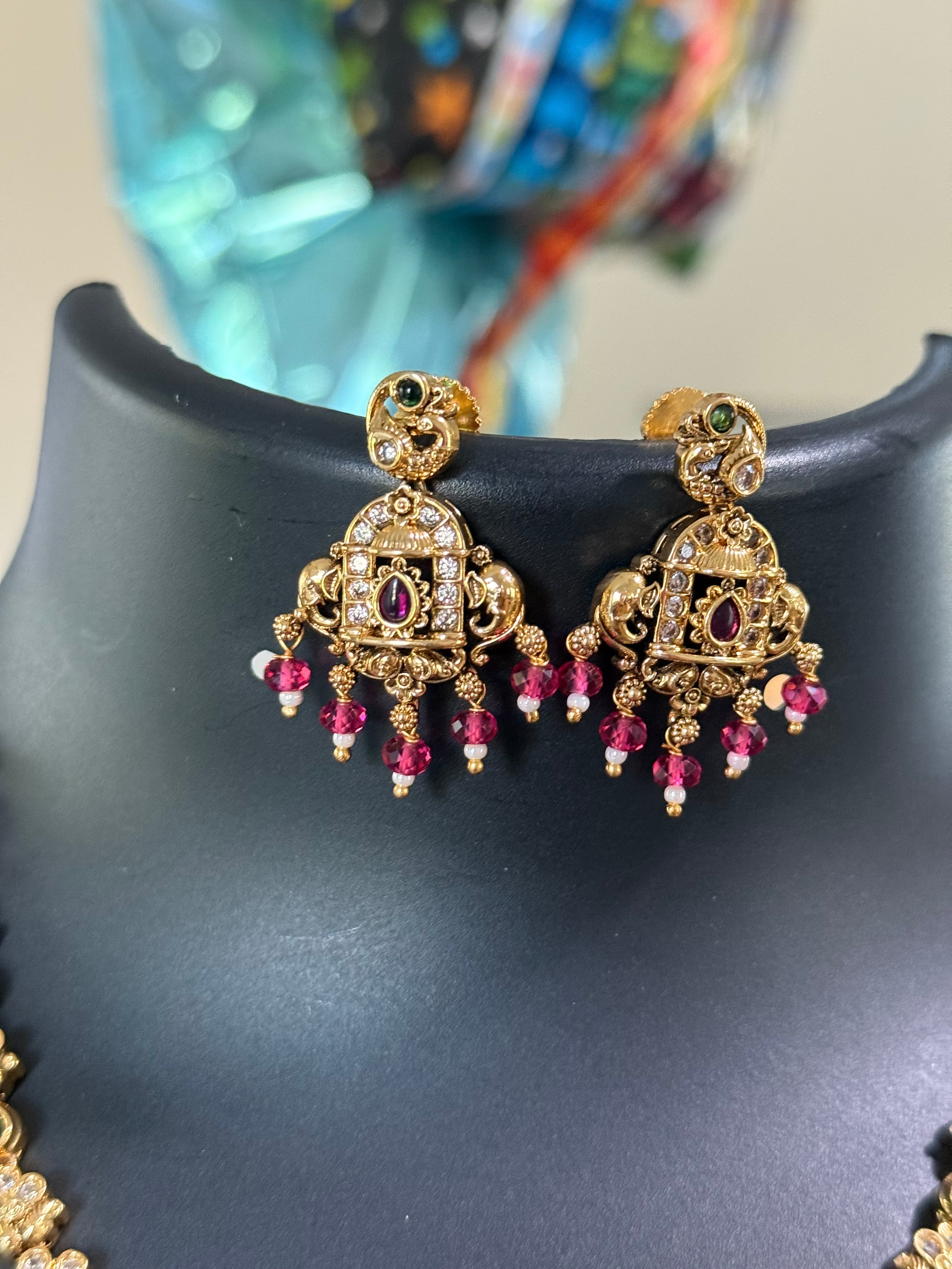 Antique Finish Multicolor Stones Necklace set with Pink Beads