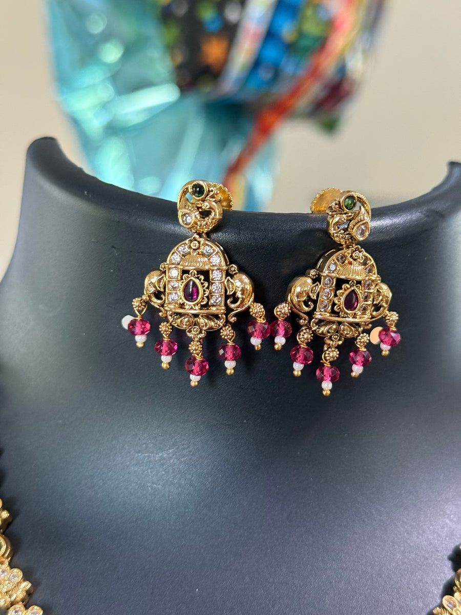 Antique Finish Multicolor Stones Necklace set with Pink Beads