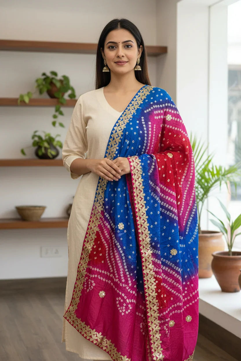 Woman wearing beige ethnic kurta with vibrant blue and red Bandhani dupatta with gold motifs indoors