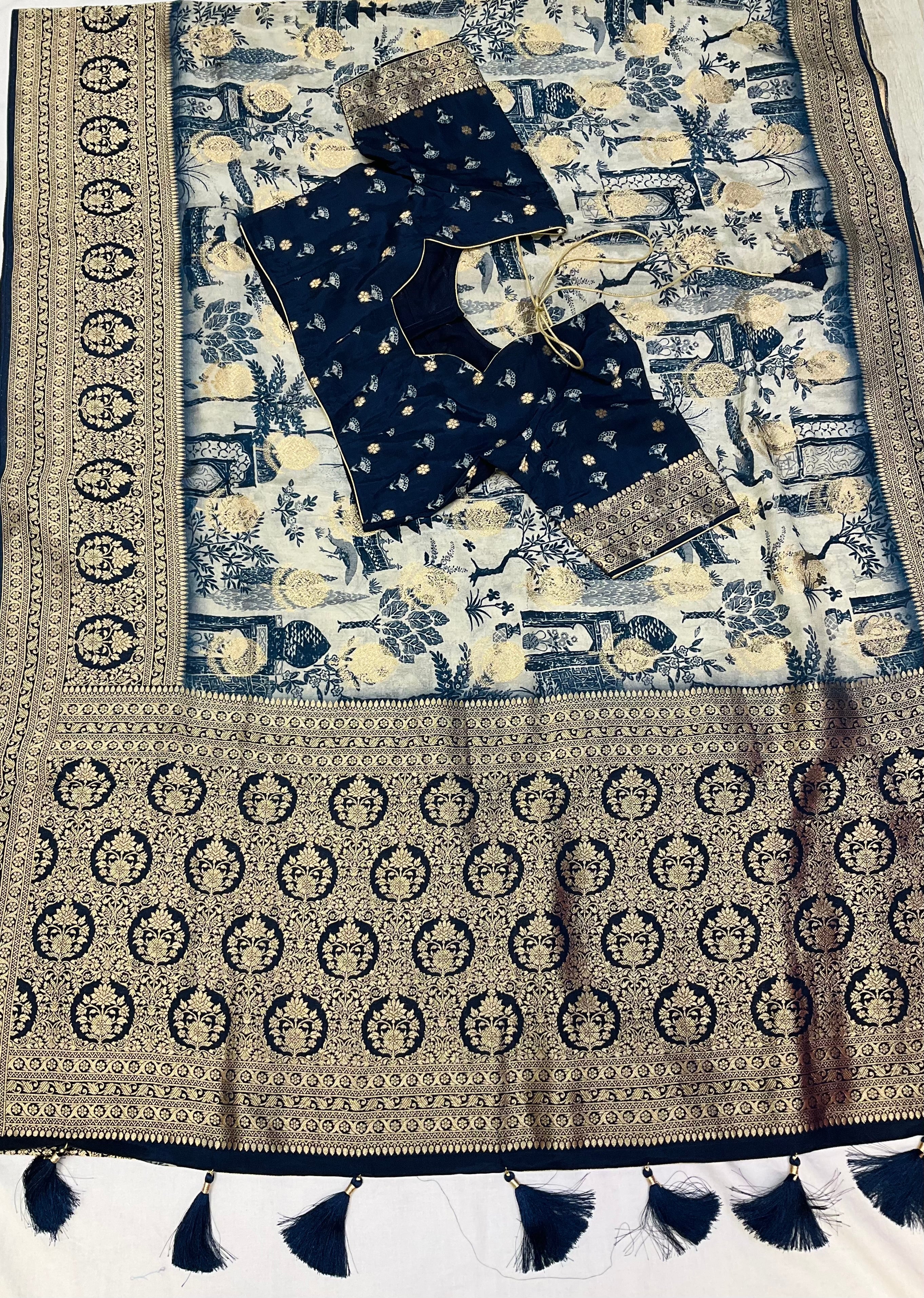 Unique Designer Russian Silk Saree with Stitched blouse - fall pico done