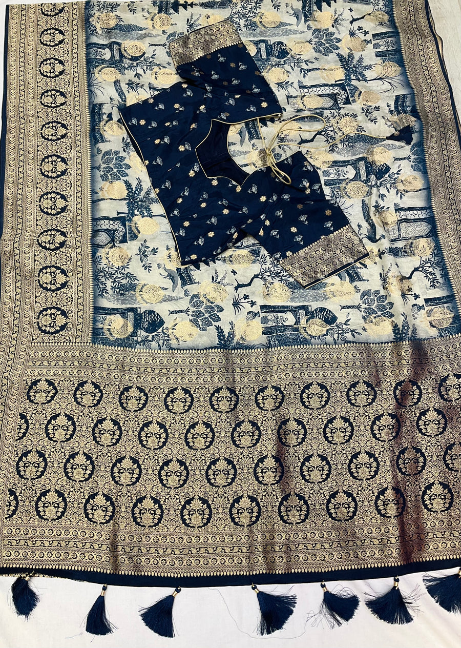 Unique Designer Russian Silk Saree with Stitched blouse