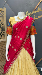 Teenage Girls Semi Paithani Half Saree/Lehenga set in Beige Color