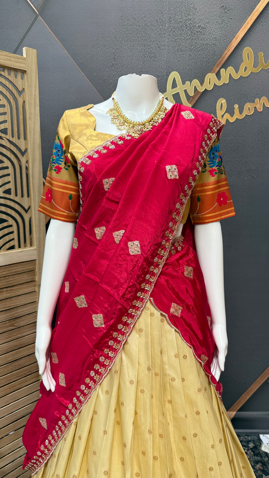 Teenage Girls Semi Paithani Half Saree/Lehenga set in Beige Color