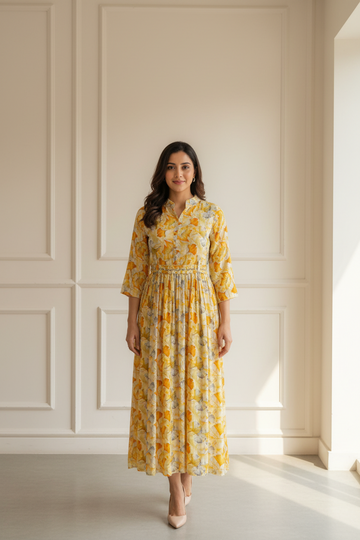 Yellow Rayon Frock/ Kurti with Belt