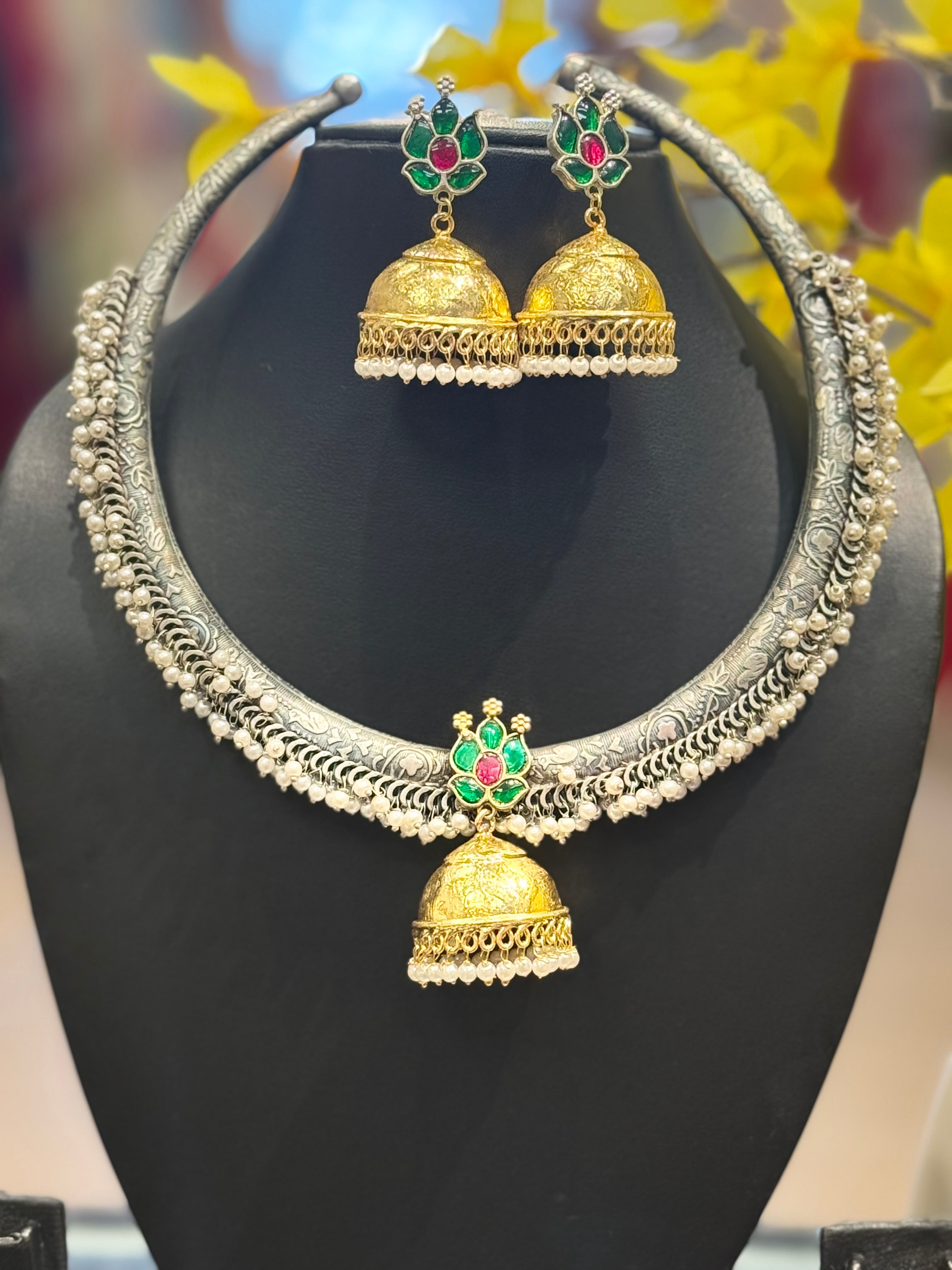 Dual Tone German Silver Necklace set with Jadav Kundan