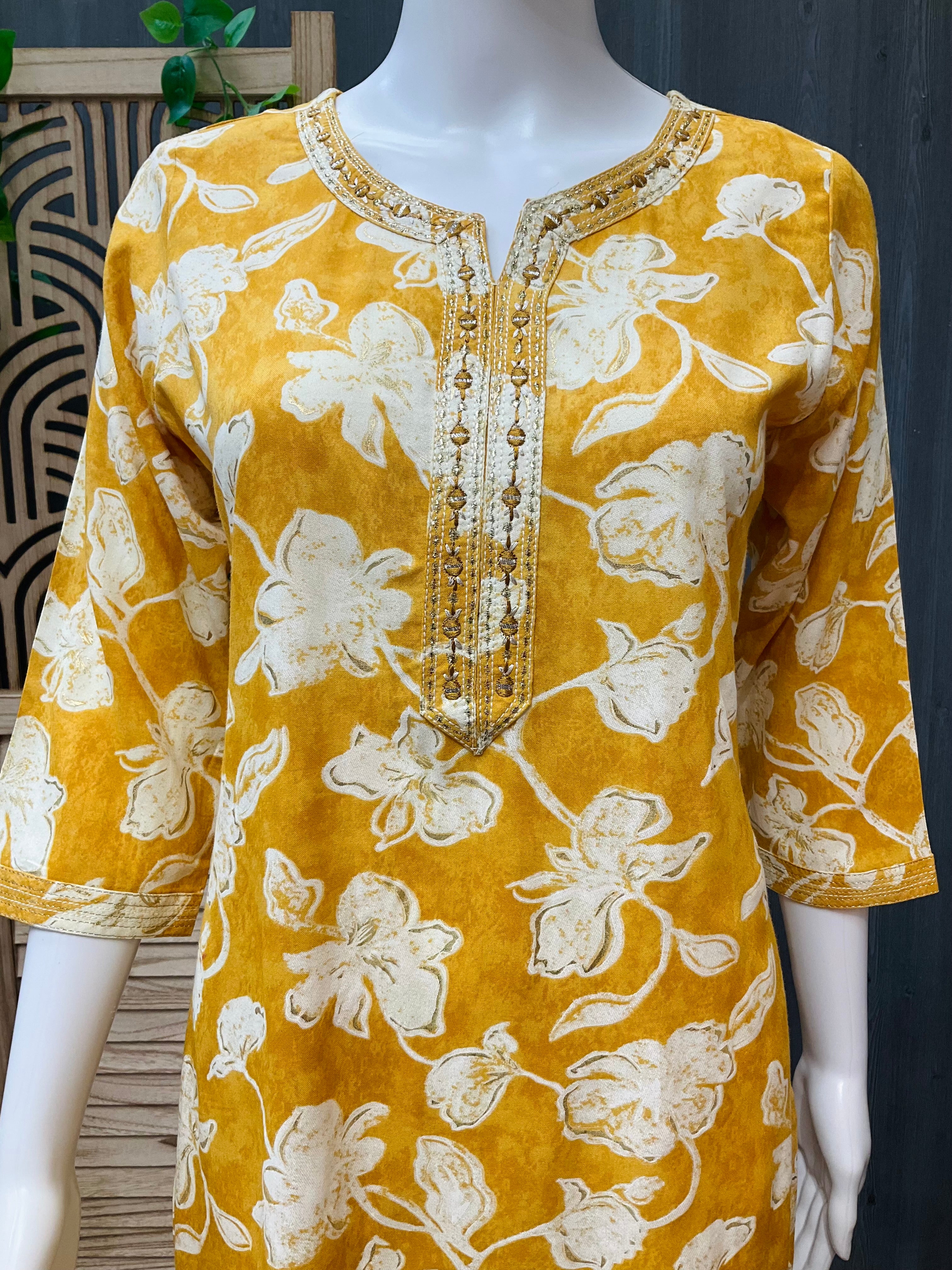 Floral Print-Yellow rayon kurti