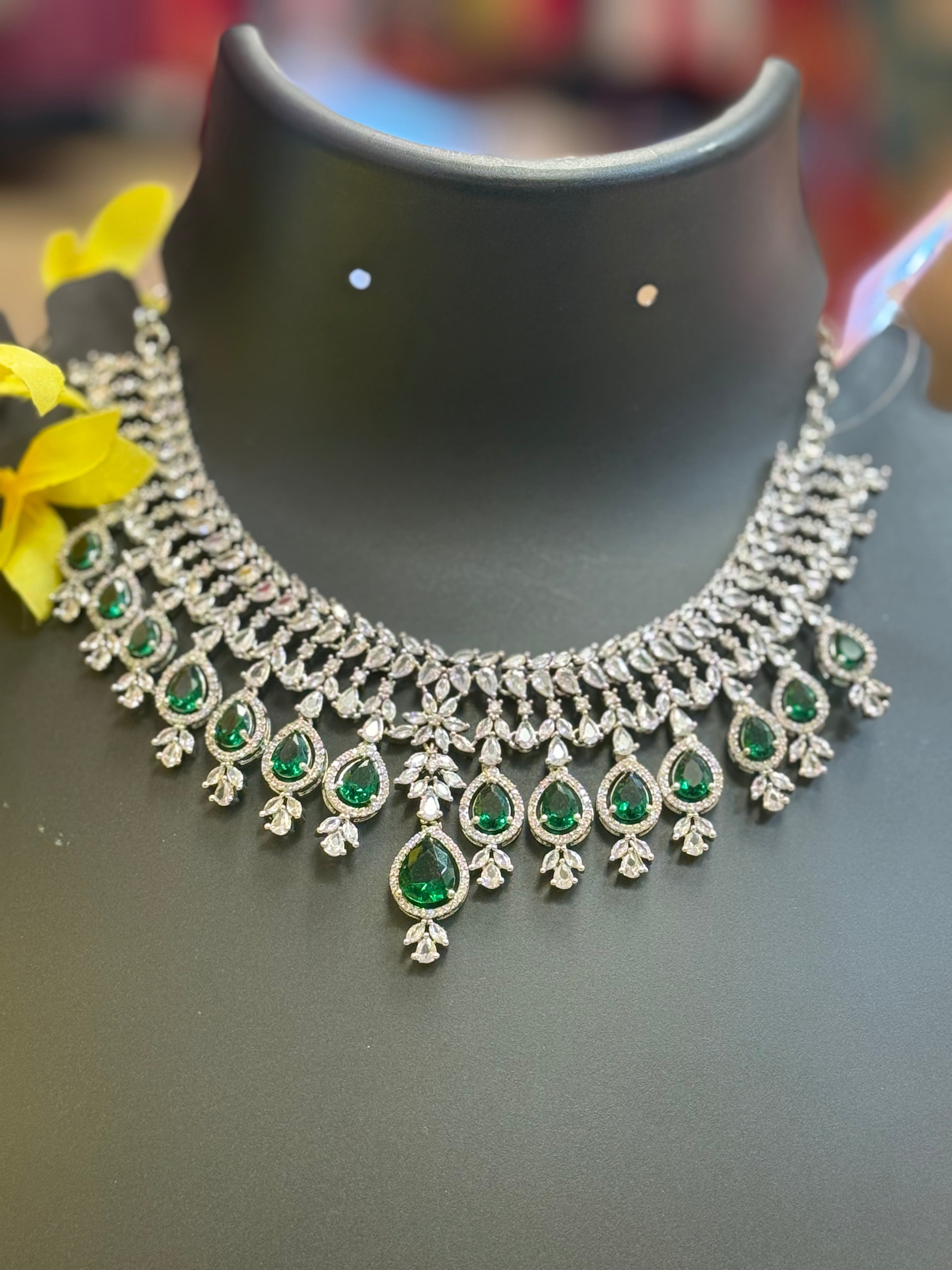 Party Wear Silver Finish Emerald Necklace set