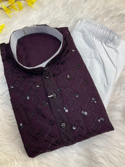 Plus Size Wine color  Rayon Chikankari Men’s wear Kurta set