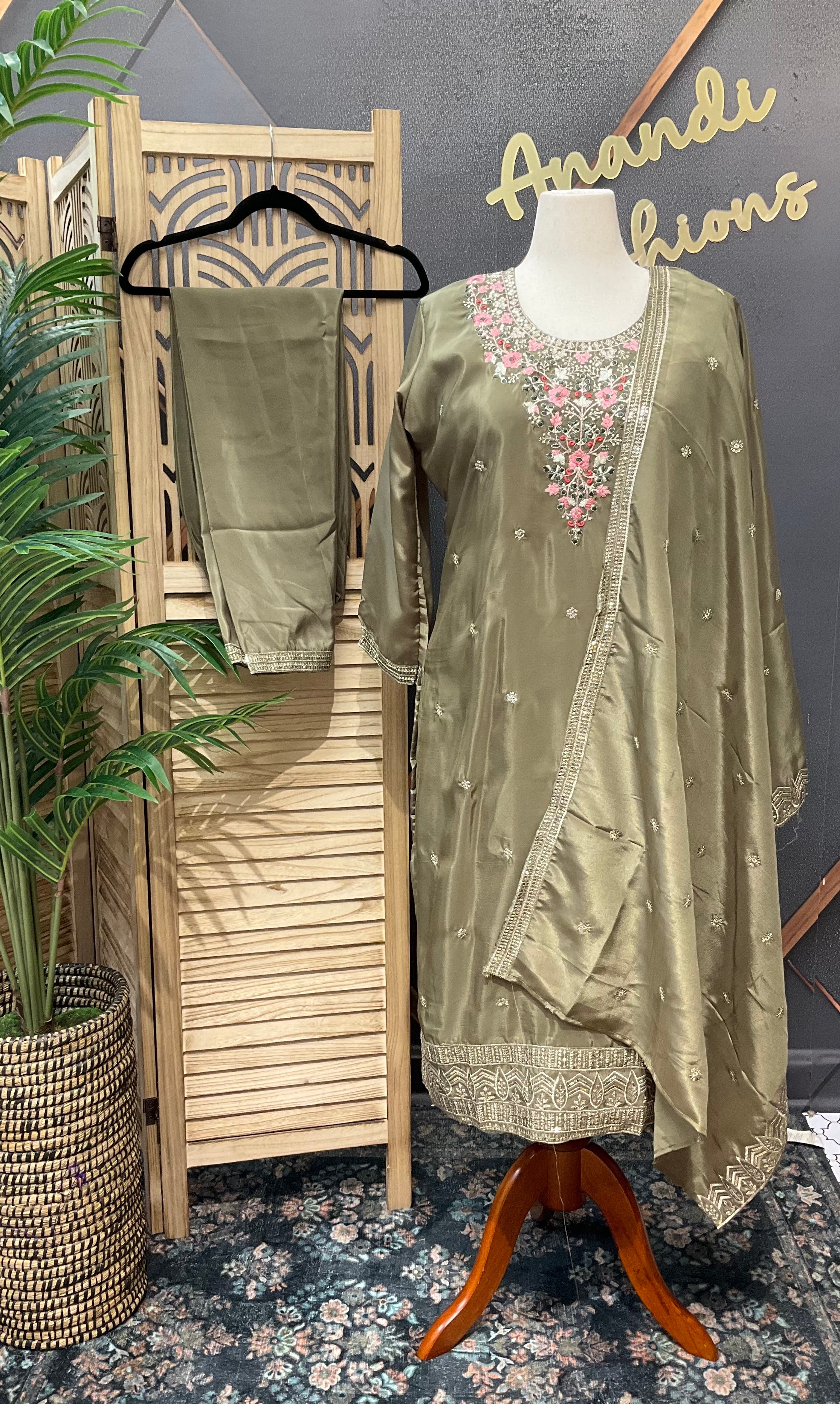 Size 48-Plus size - Party Wear Olive Green Kurti set