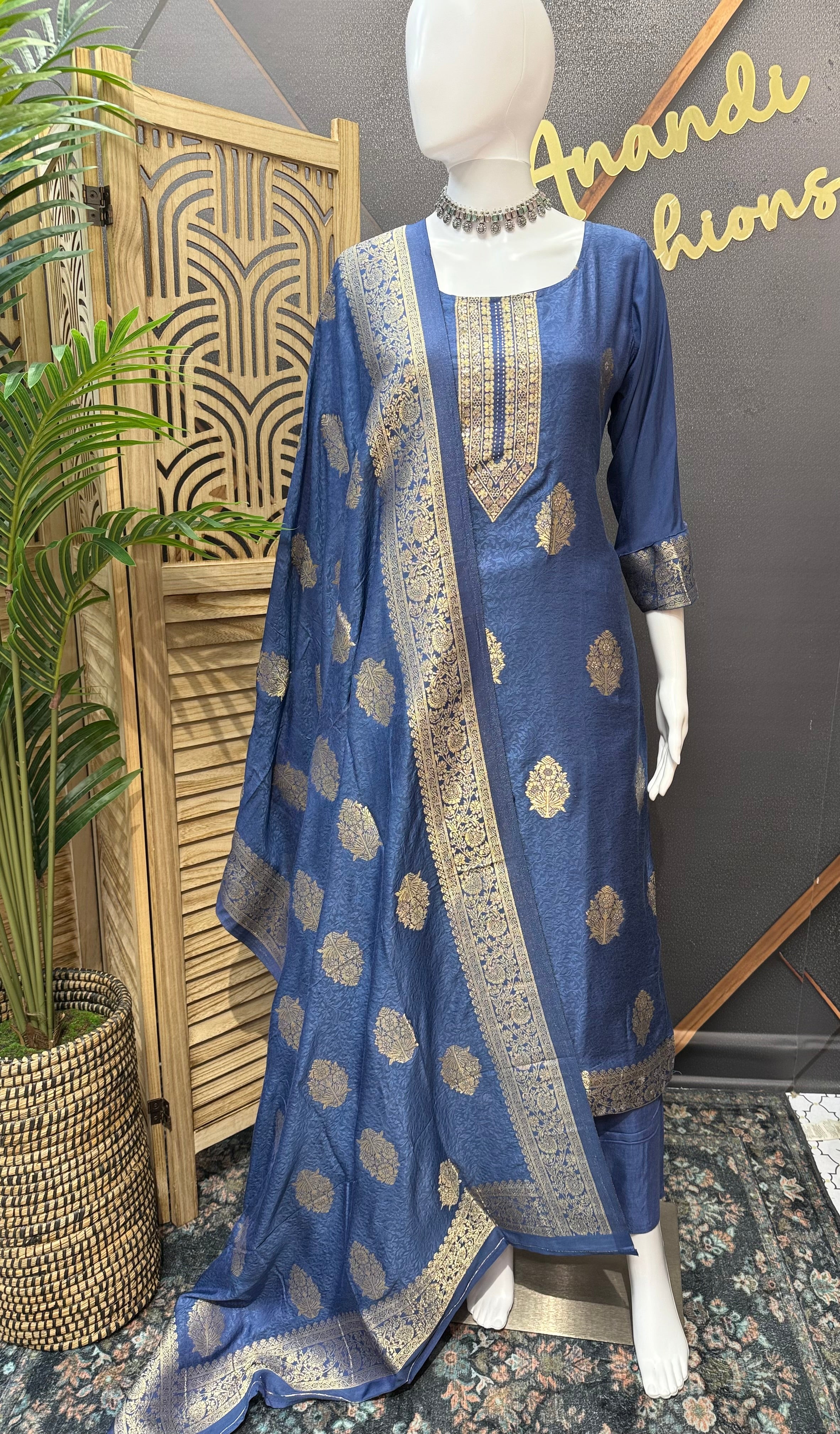 Blue Party Wear Benarasi Stlye kurti /Chudidhar set