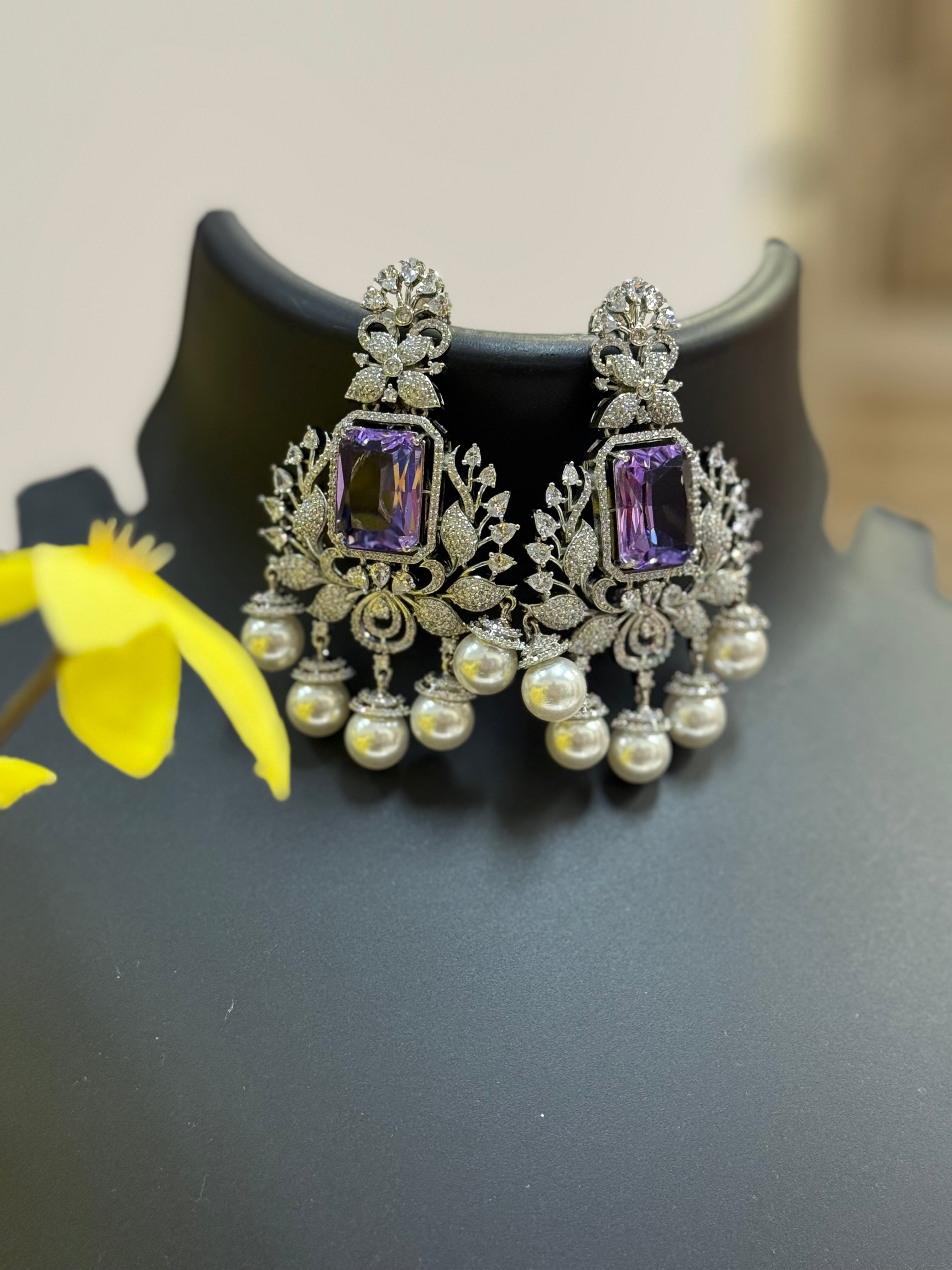 Party Wear Silver Finish Earrings- Purple Stone