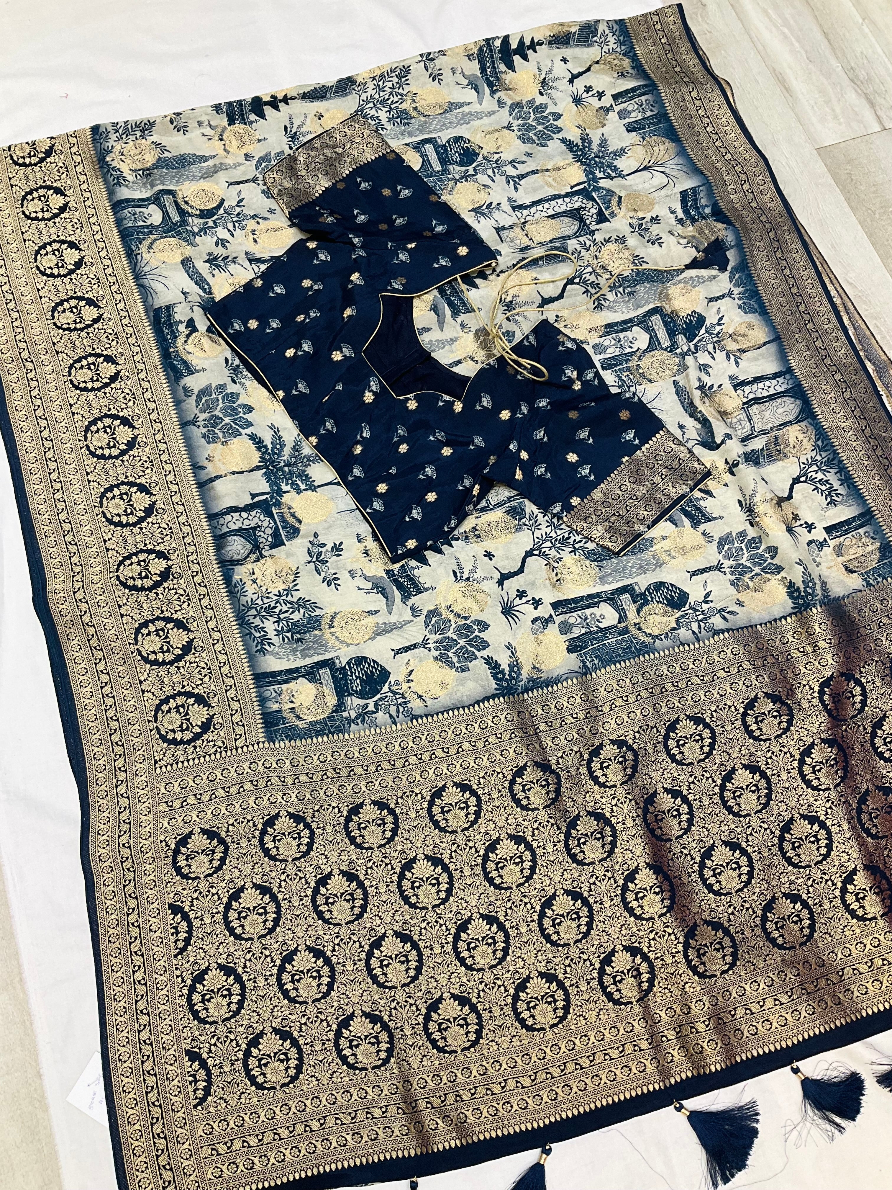 Unique Designer Russian Silk Saree with Stitched blouse - fall pico done