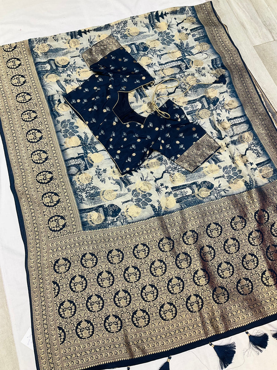 Unique Designer Russian Silk Saree with Stitched blouse