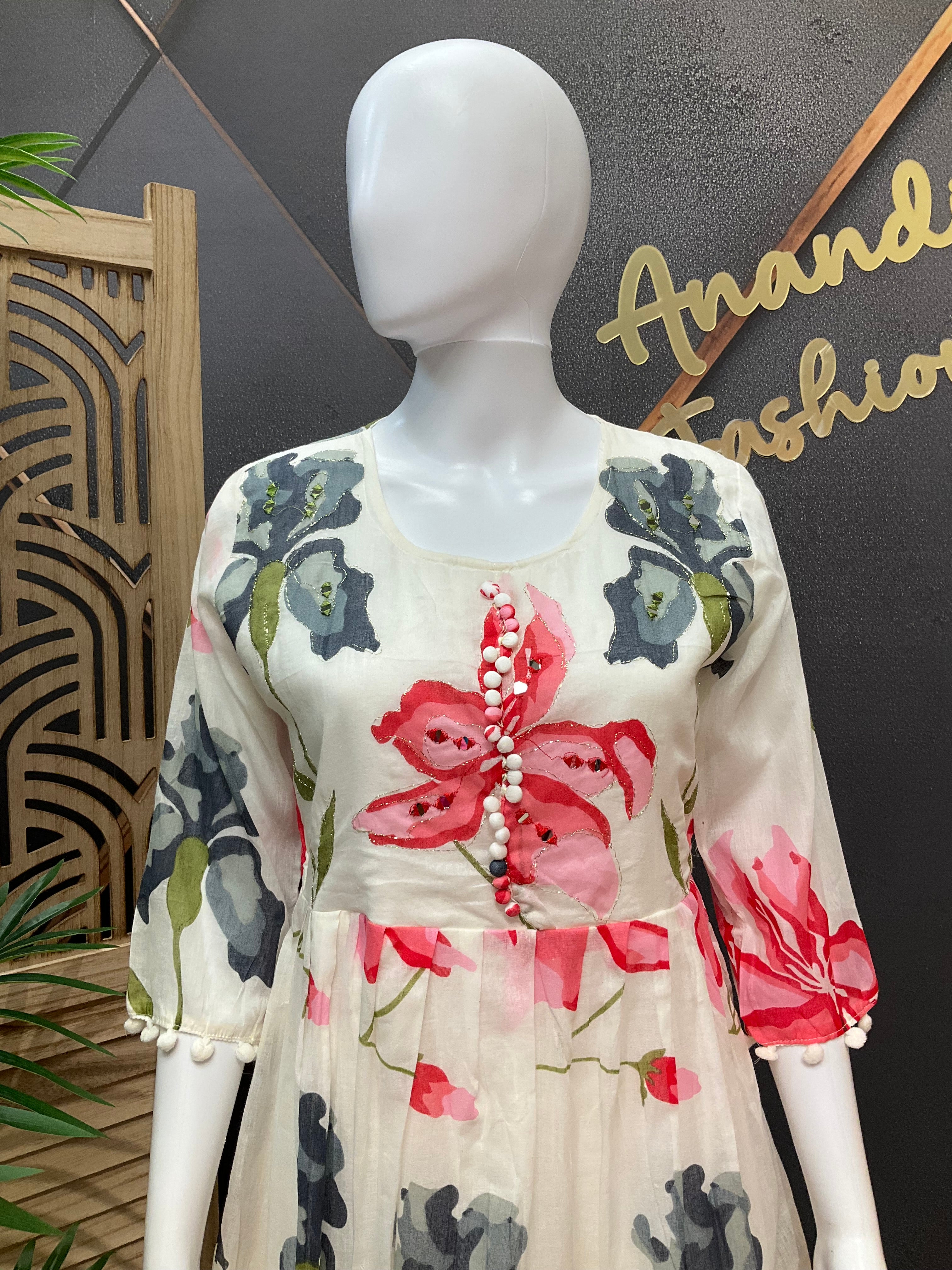 Half white mulmul cotton Knee Length gown/Kurti