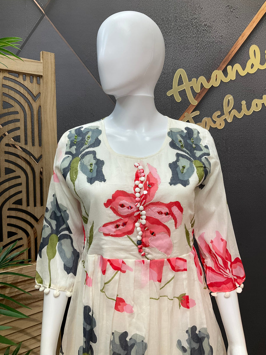 Half white mulmul cotton Knee Length gown/Kurti