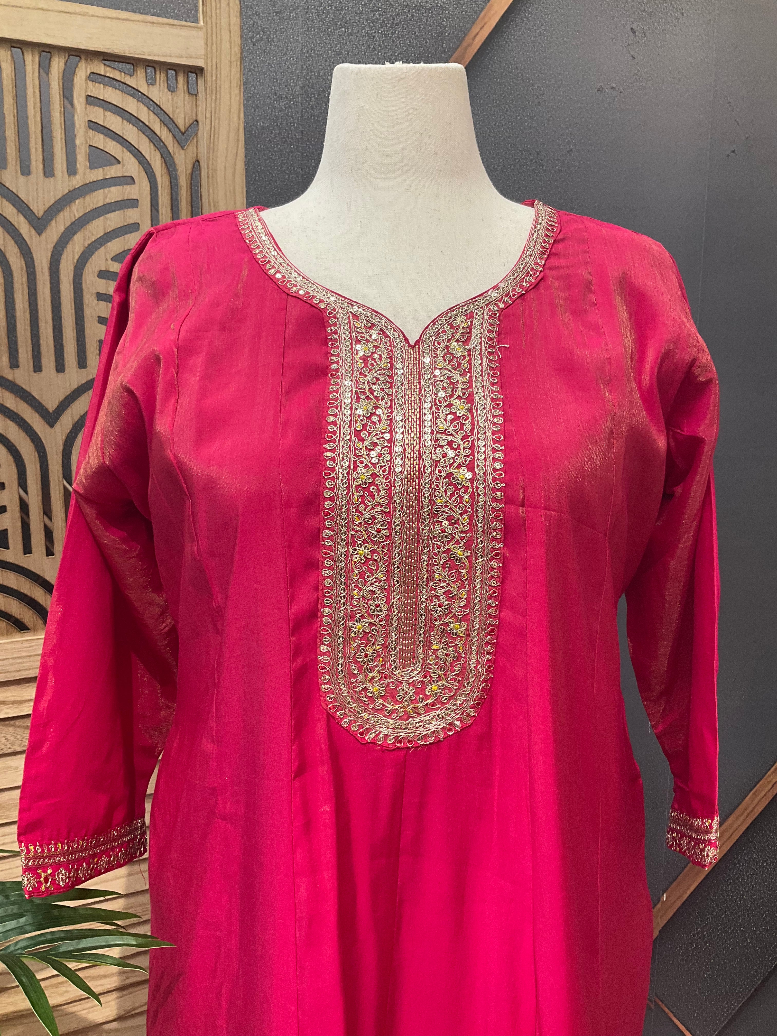 Size 46-Plus Size - Pink Shimmery Silk Anarkali Kurti set