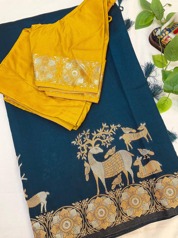Semi Benarasi Saree with Contrast Stitched Blouse - Premium Quality