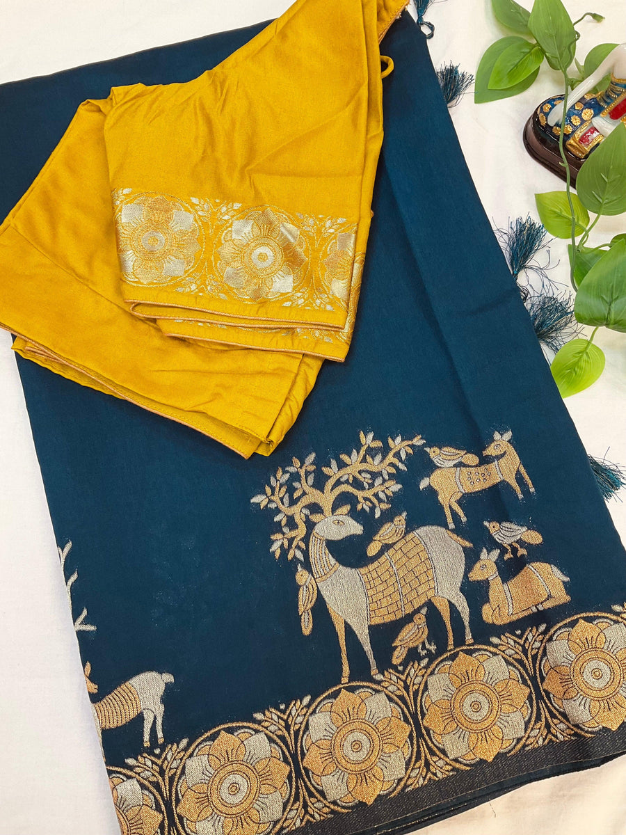 Semi Benarasi Saree with Contrast Stitched Blouse - Premium Quality