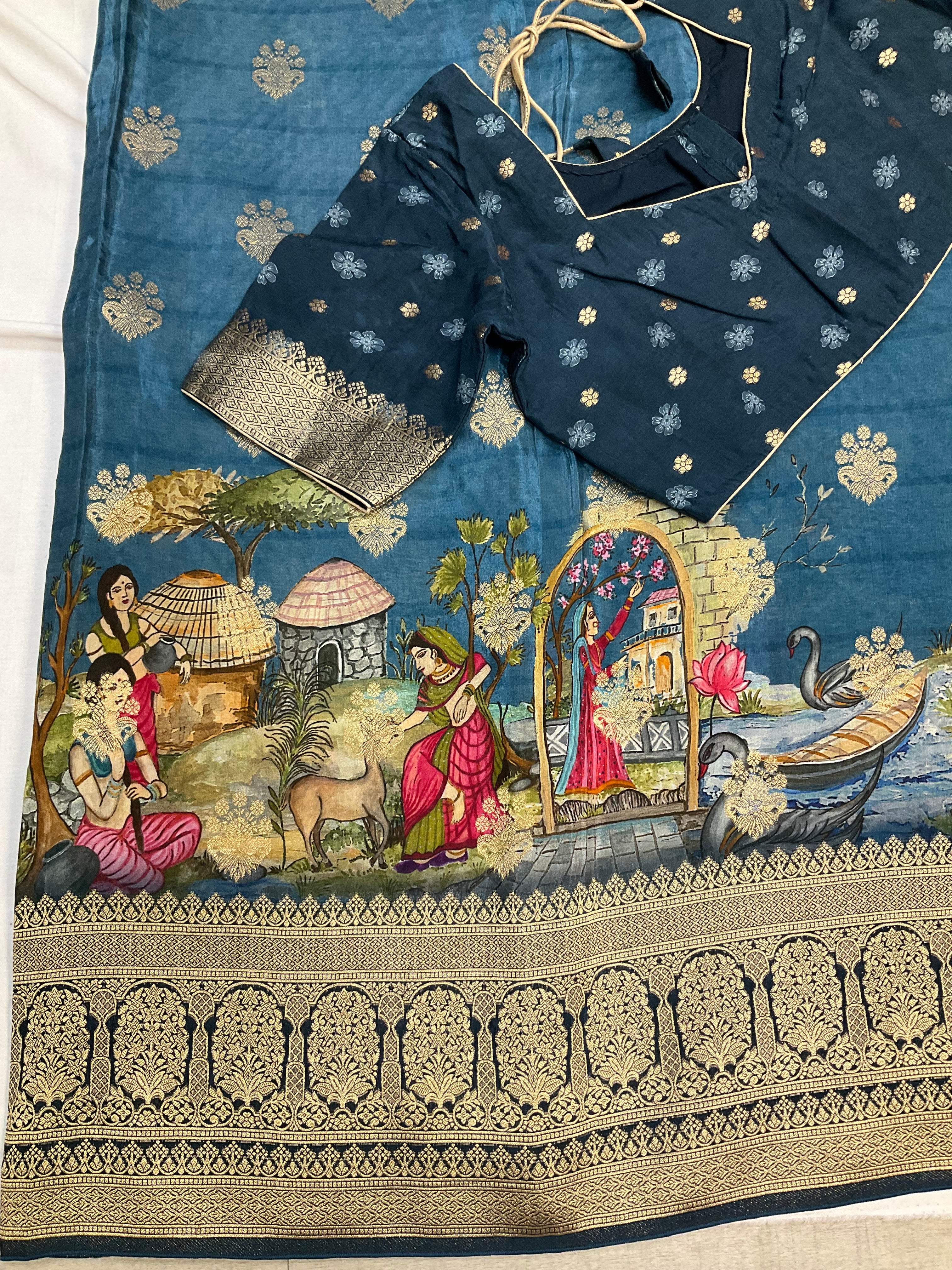 Teal blue Russian Silk saree with stitched blouse and fall pico done