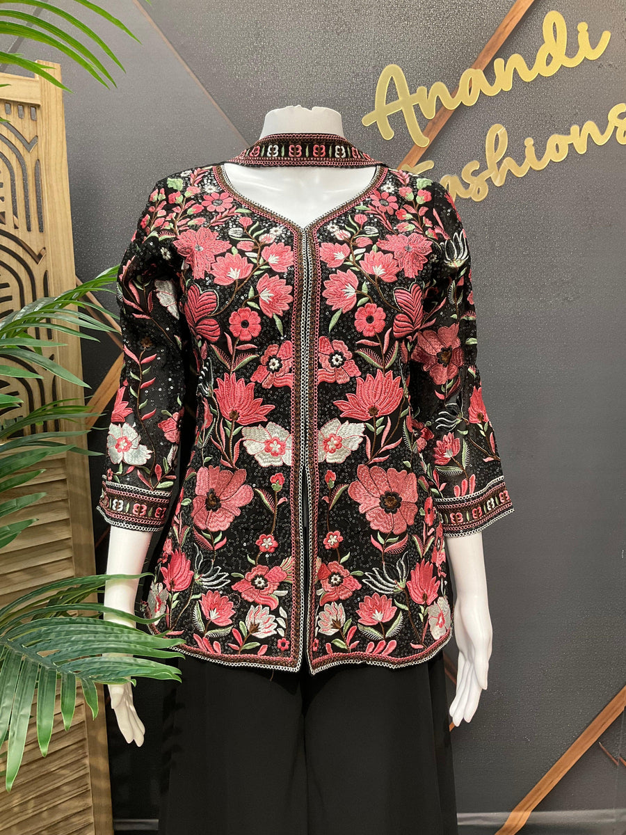Black Georgette Sharara Set with Embroidery Work - Party Wear
