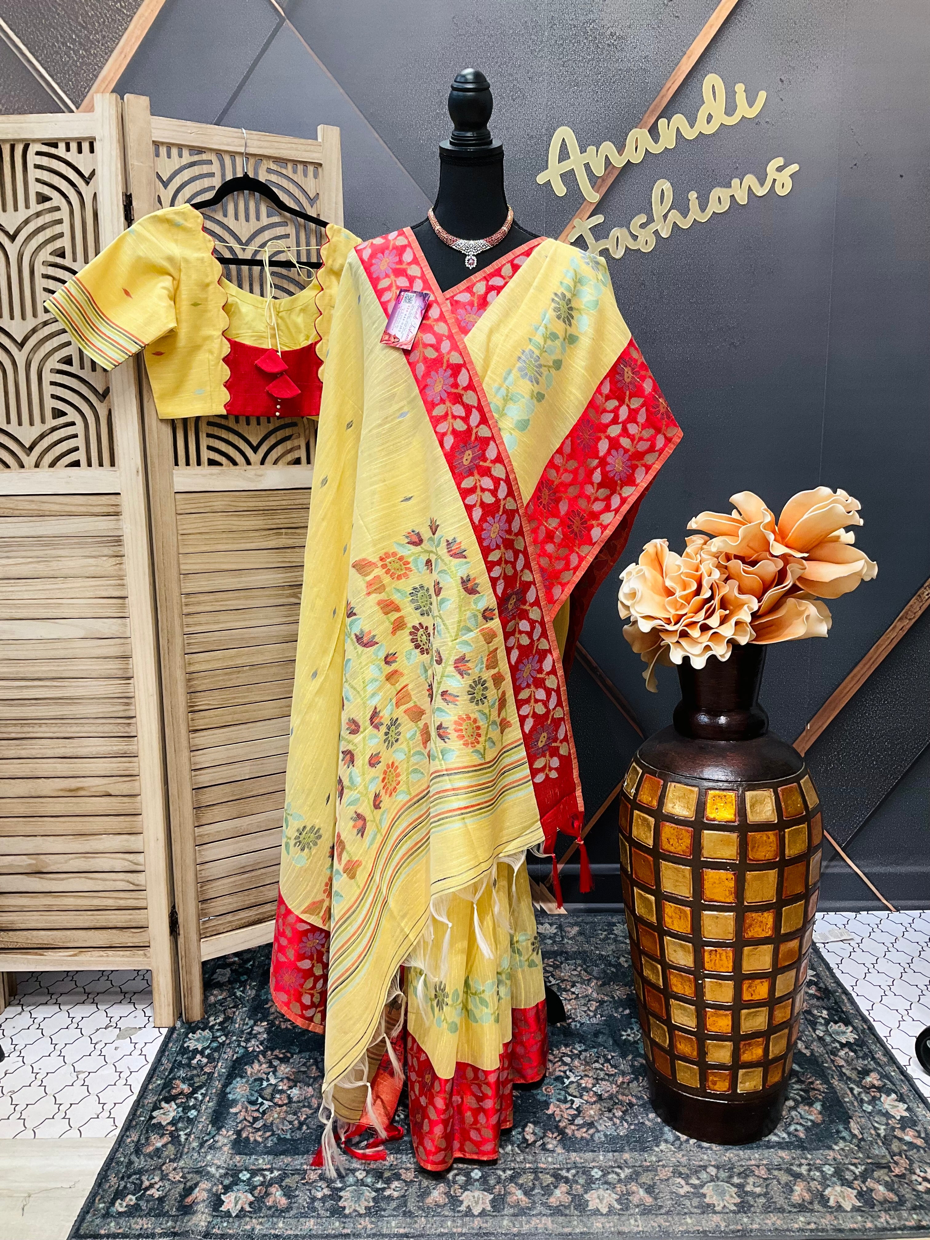Yellow-Lenin Jamdhani saree with Stitched blouse-fall pico done